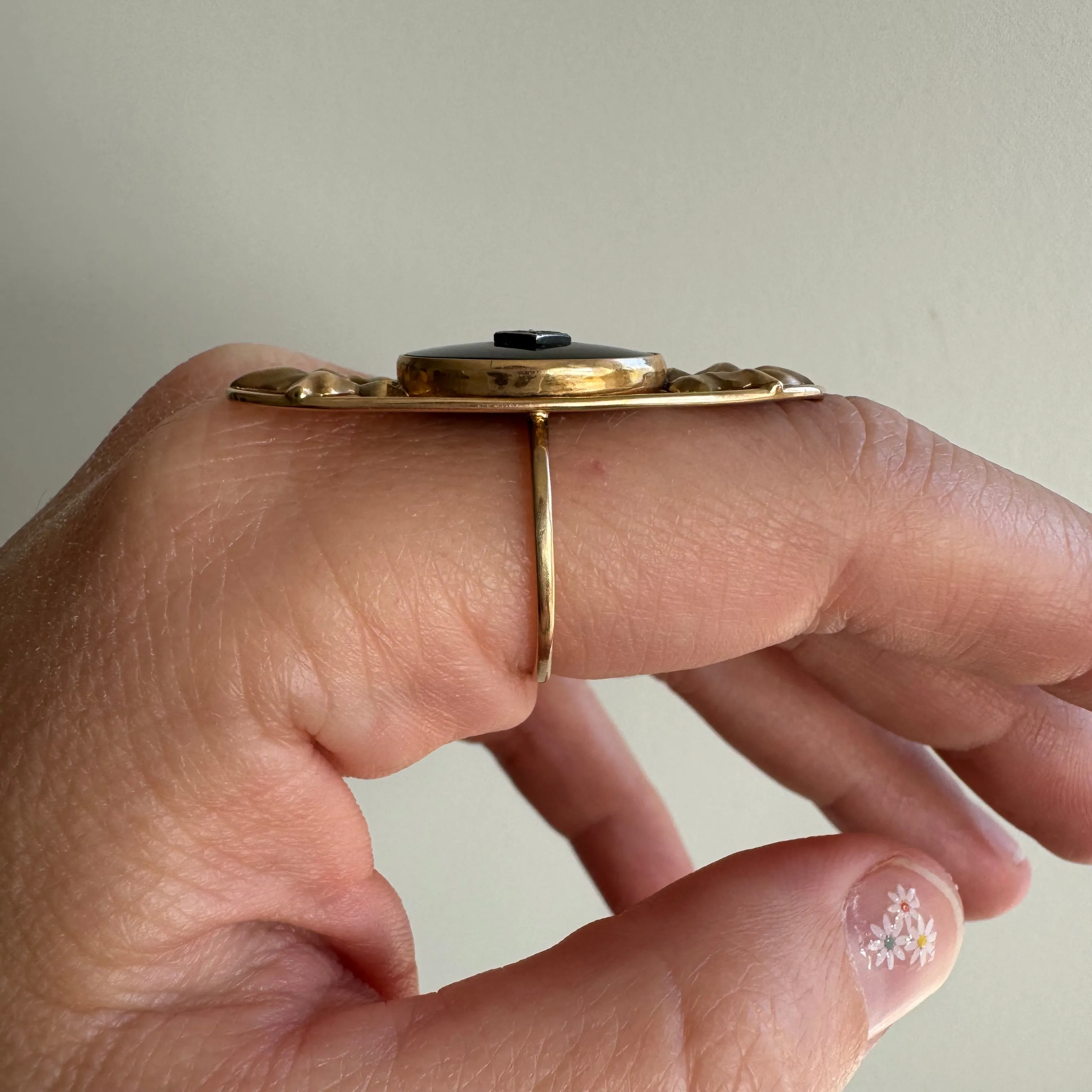 reimagined V I N T A G E // forest shield / 10k yellow gold onyx and diamond / a full finger ring / size 7