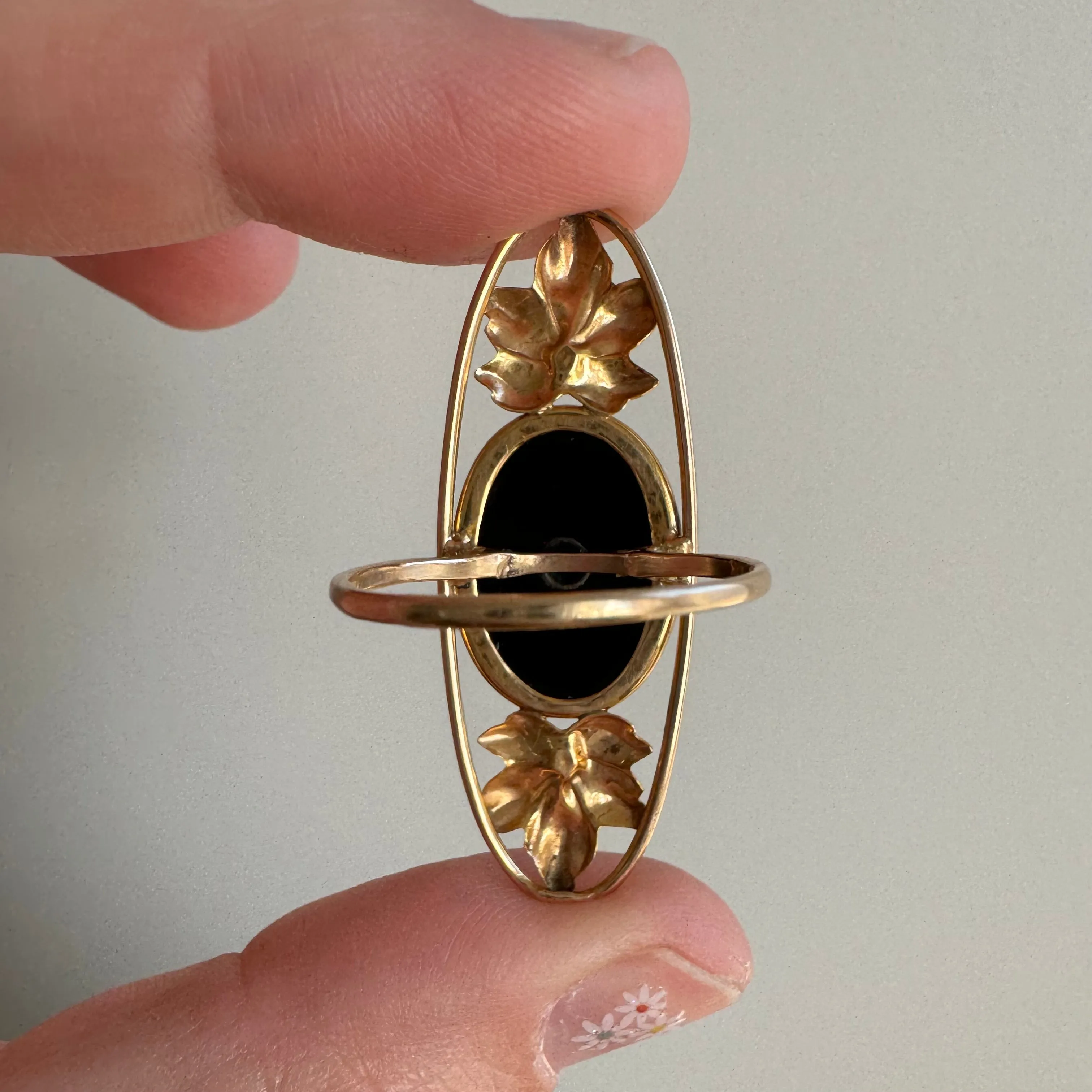 reimagined V I N T A G E // forest shield / 10k yellow gold onyx and diamond / a full finger ring / size 7