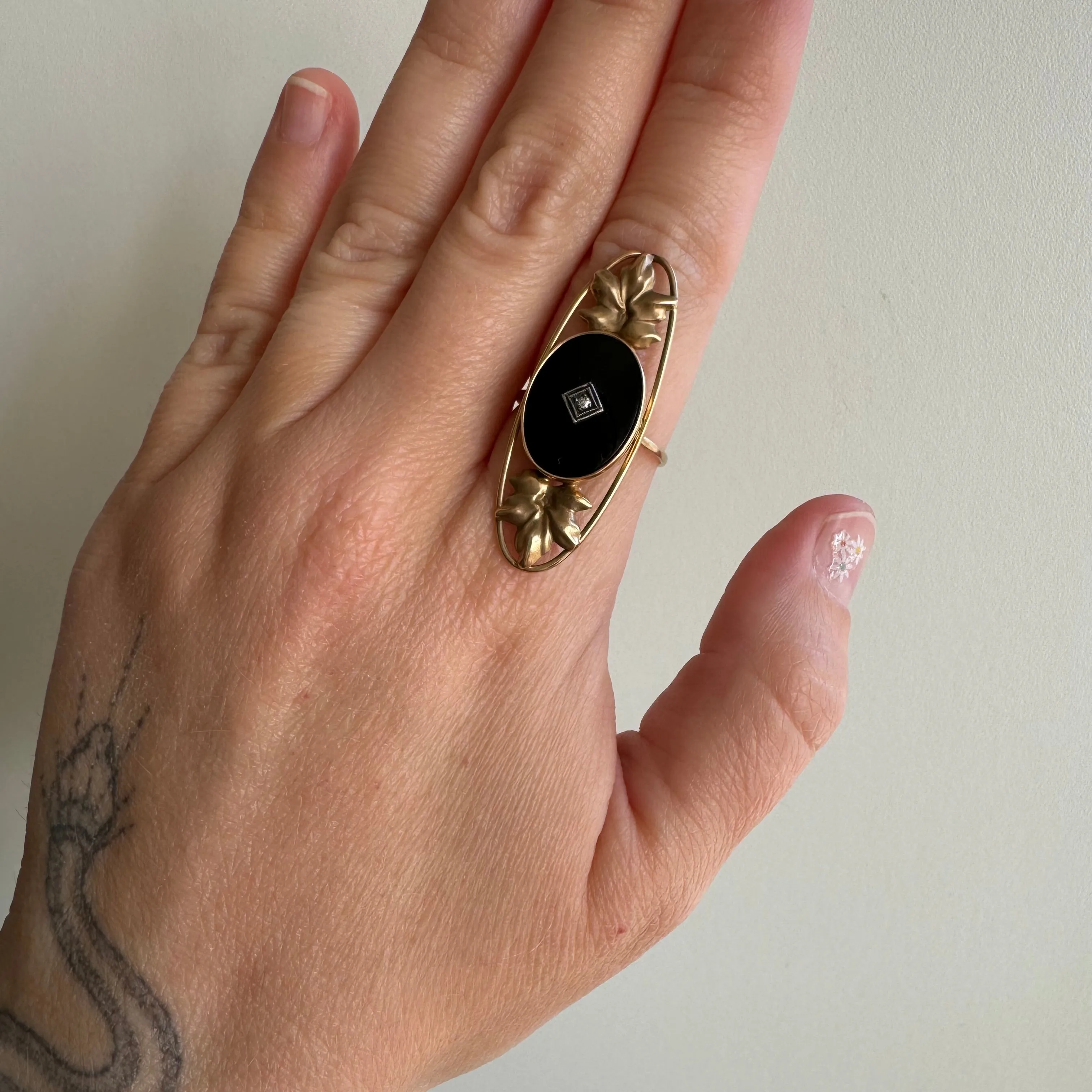 reimagined V I N T A G E // forest shield / 10k yellow gold onyx and diamond / a full finger ring / size 7