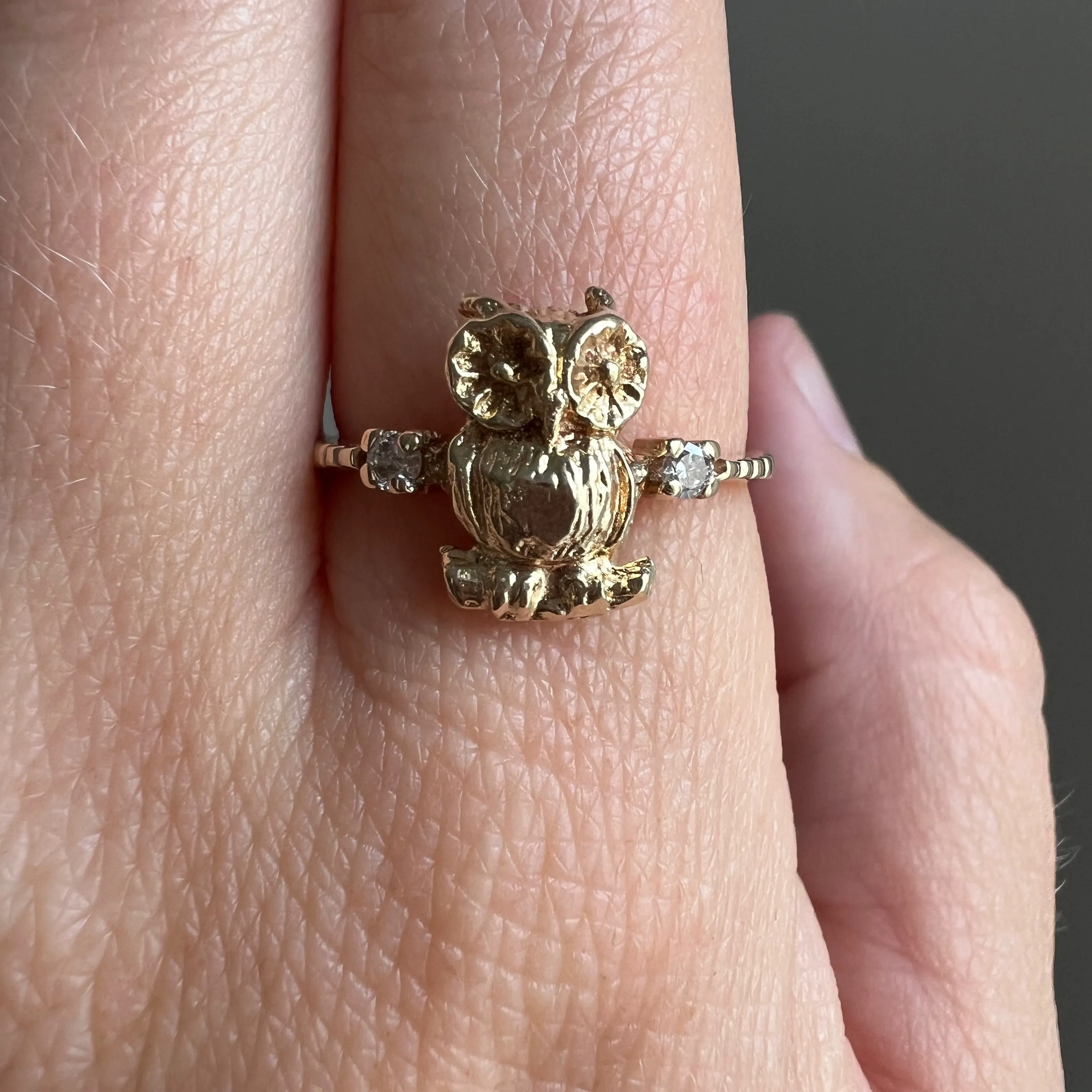 reimagined V I N T A G E // stackable bird / 14k and diamond owl conversion ring / size 7