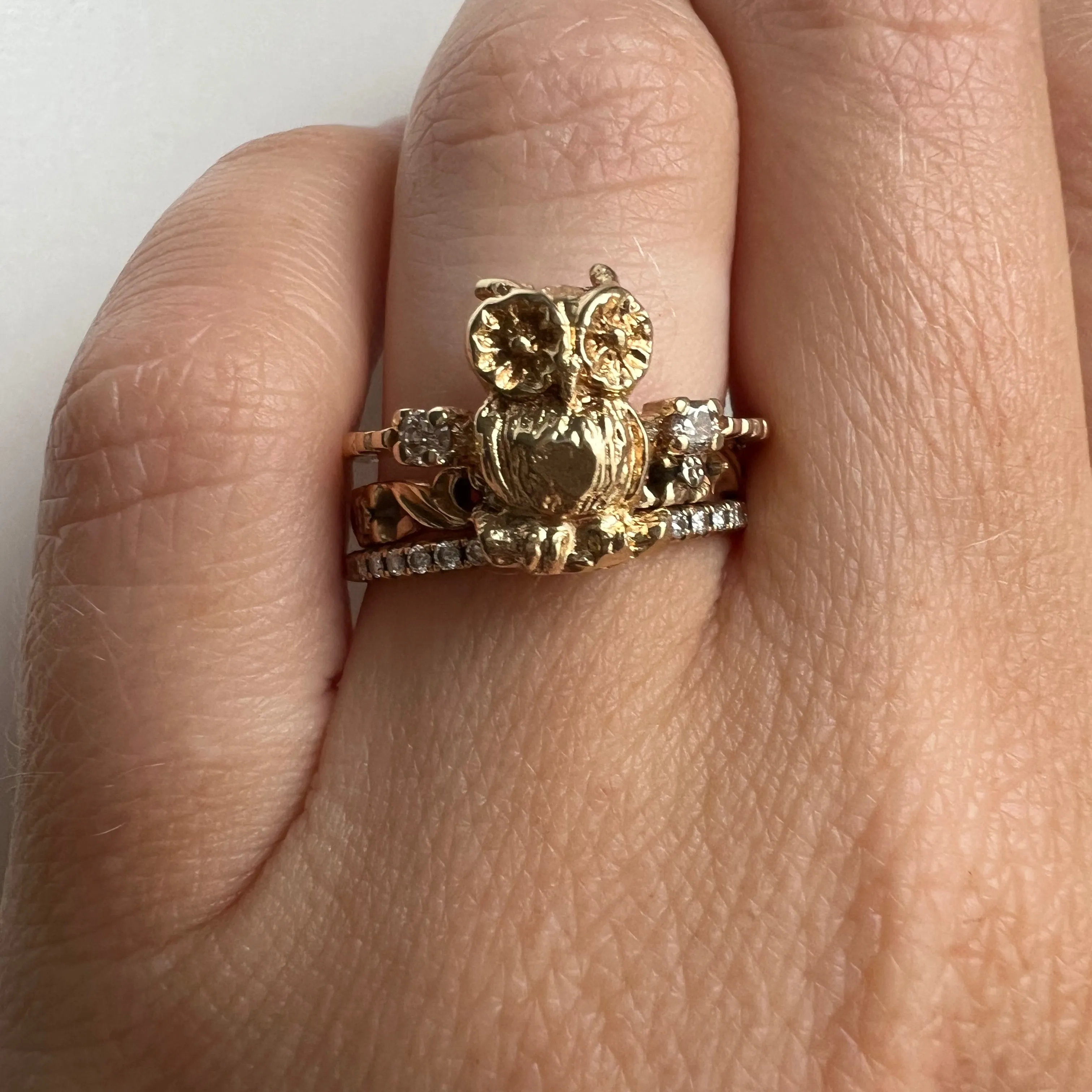 reimagined V I N T A G E // stackable bird / 14k and diamond owl conversion ring / size 7