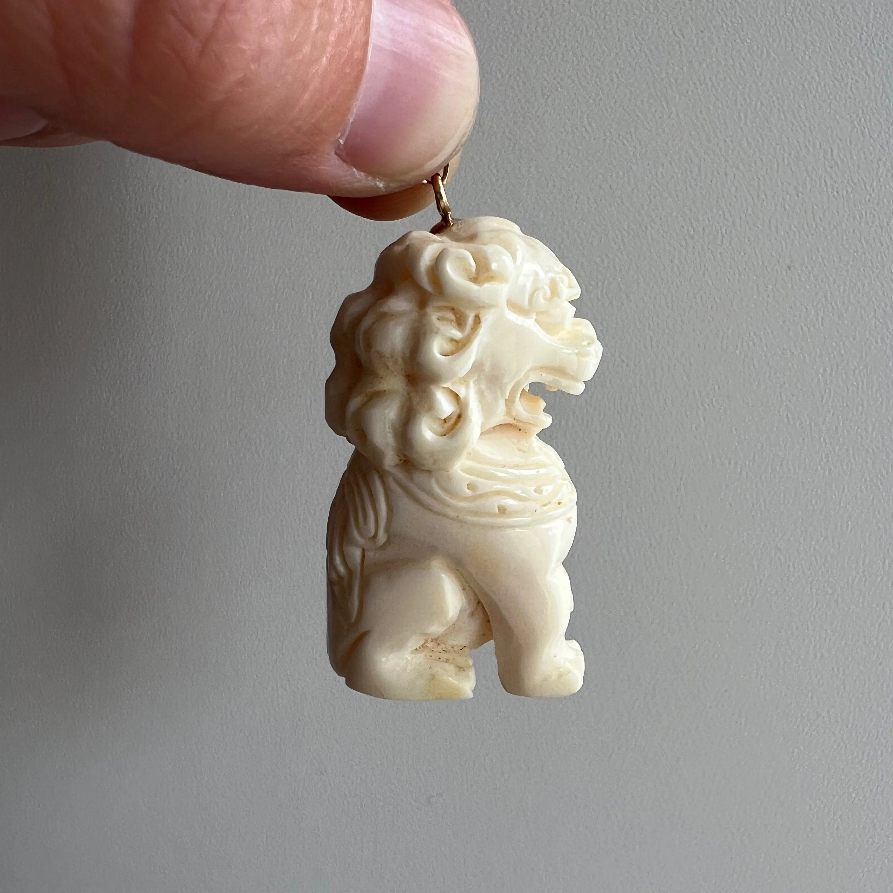 V I N T A G E // lion dragon / 14k and carved bone foo dog / a huge pendant