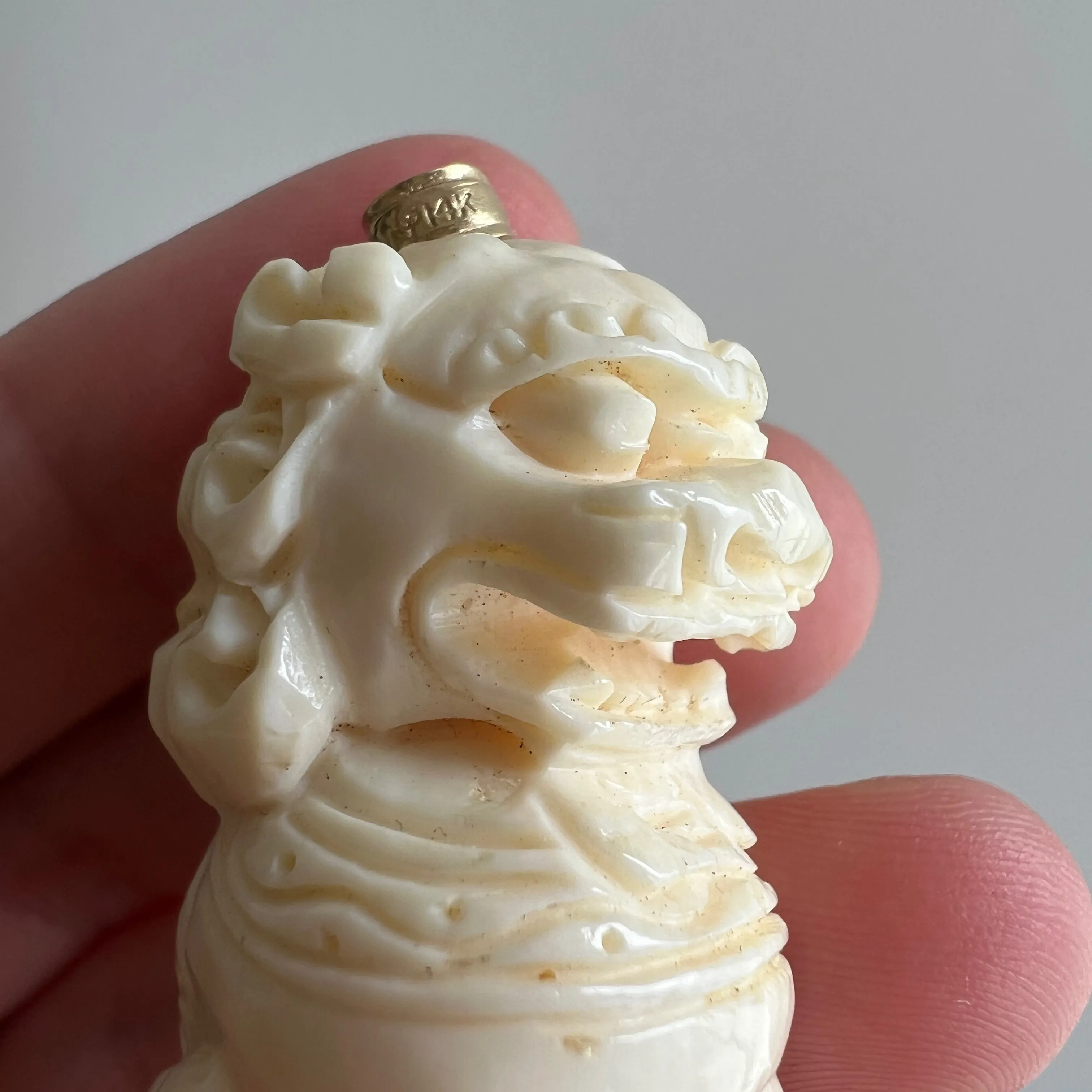 V I N T A G E // lion dragon / 14k and carved bone foo dog / a huge pendant