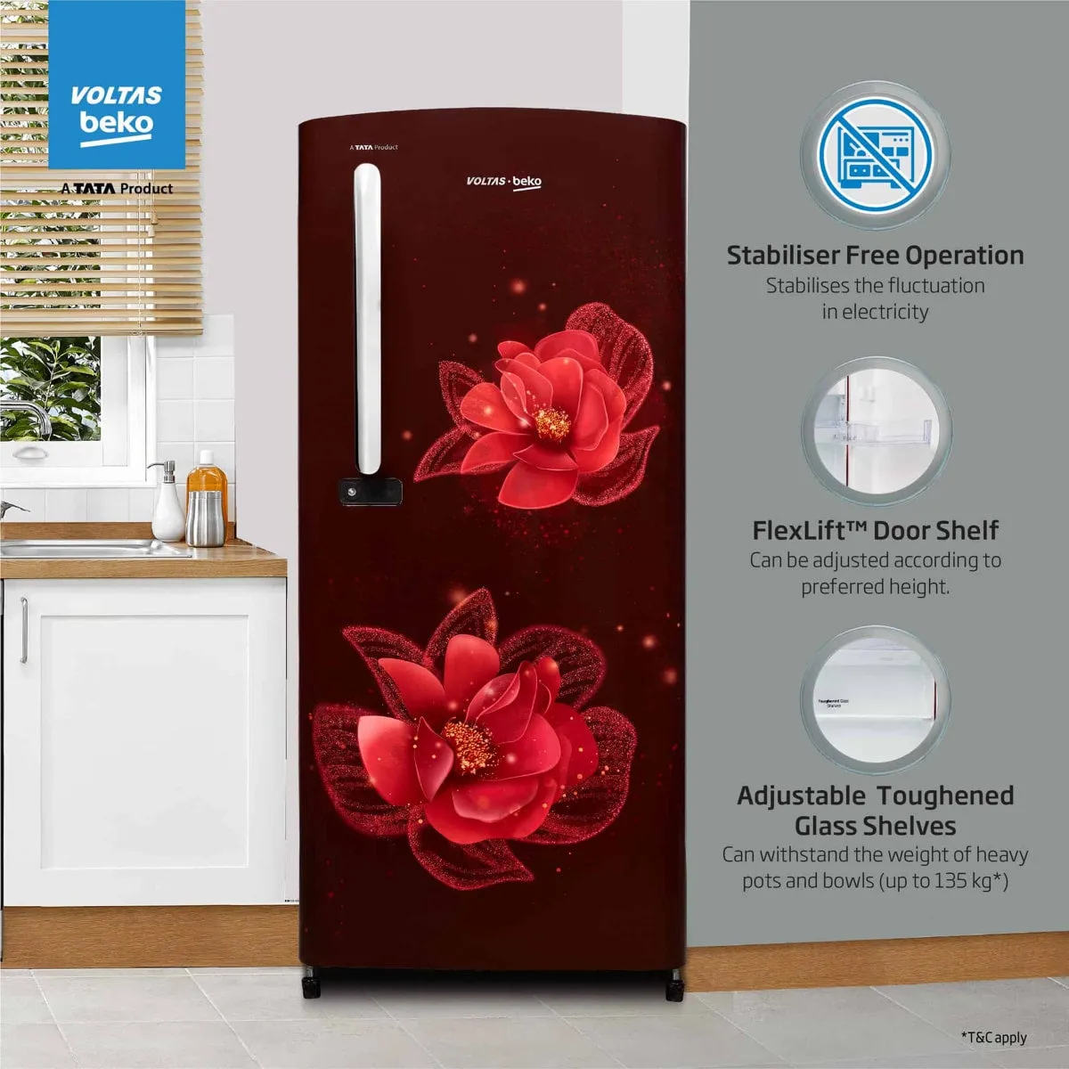 Voltas Beko 185 L, 3 Star, Single Door DC Refrigerator (Fressia Wine)