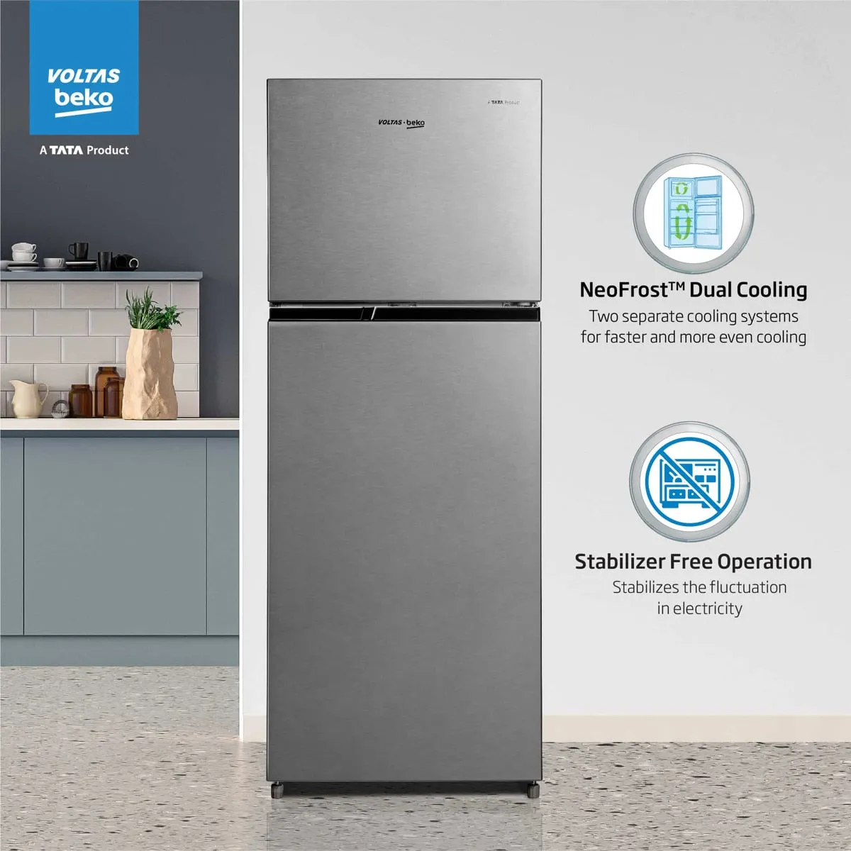 Voltas Beko 230 L, 3 Star, Double Door Frost Free Refrigerator (Brushed Silver)