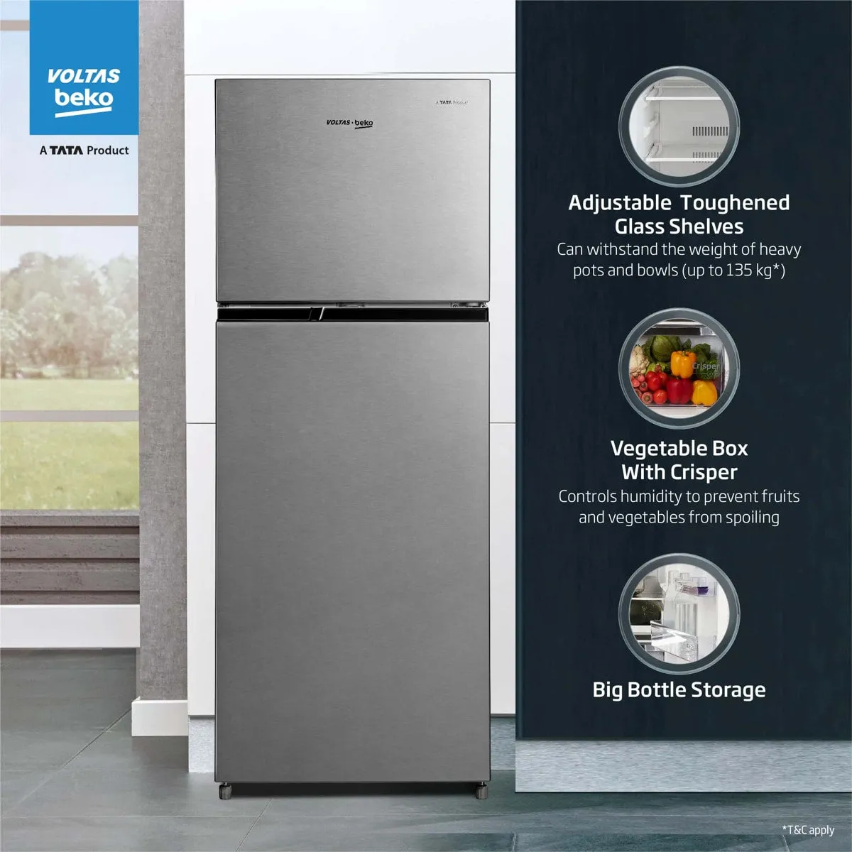 Voltas Beko 230 L, 3 Star, Double Door Frost Free Refrigerator (Brushed Silver)